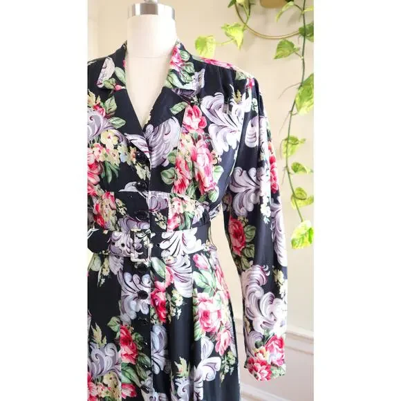 Vintage 1980s Shirt Dress 80s KAREN ALEXANDER Floral Black Maxi Shirtwaist